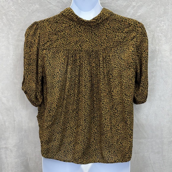 Free People Celia Blouse Womens XL Gold Leopard Cropped Tie Front Puff Sleeve - Picture 4 of 10